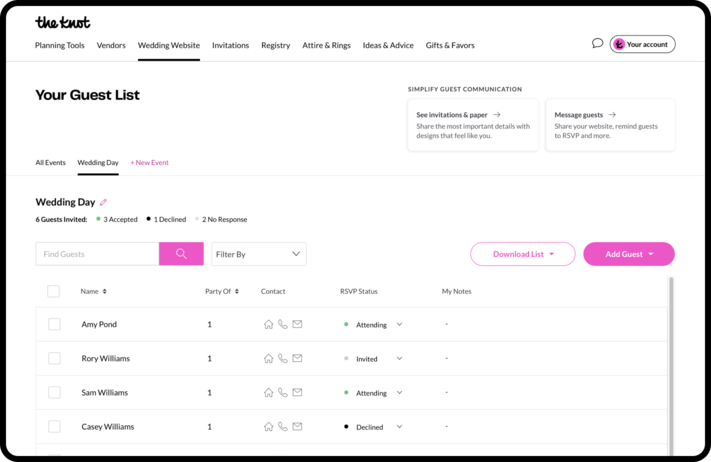 The Knot guest list with columns for name, number of guests in a party, contact info, RSVP response and notes, plus a search field, filters and a download button.